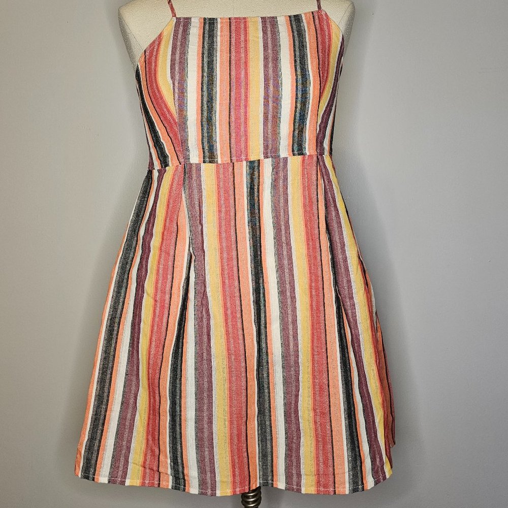 Striped linen mini dress with spaghetti straps and back bow